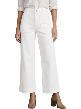 Women's White Comfortable High Waisted Baggy Denim Ankle Pant Straight Leg Jeans